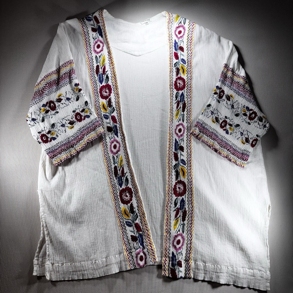 Solemio Women's White Krinkle Duster Kimono With Embroidery Print Short Sleeve